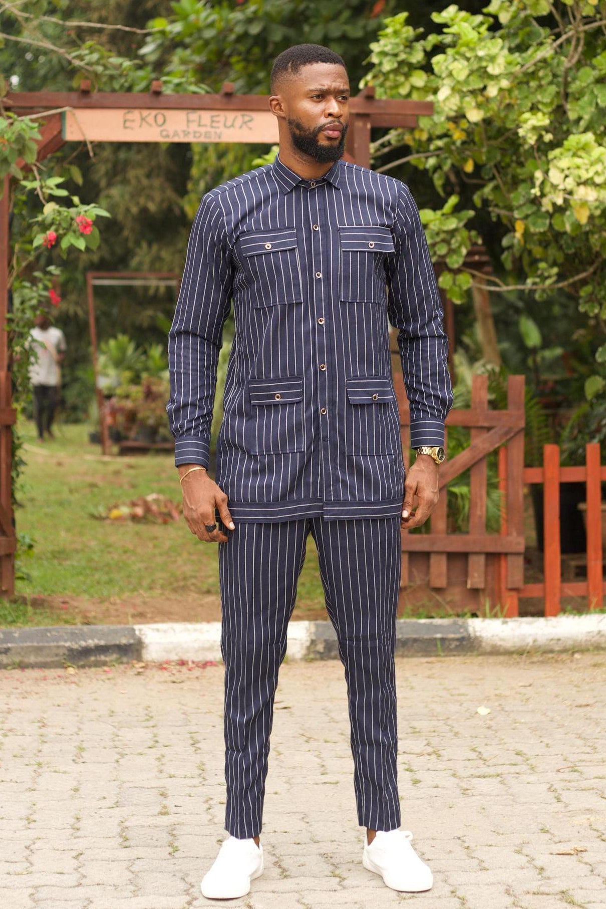 Sample: TOLU Pinstripe African Suit - Men (Size M) — African print suit by Naborhi