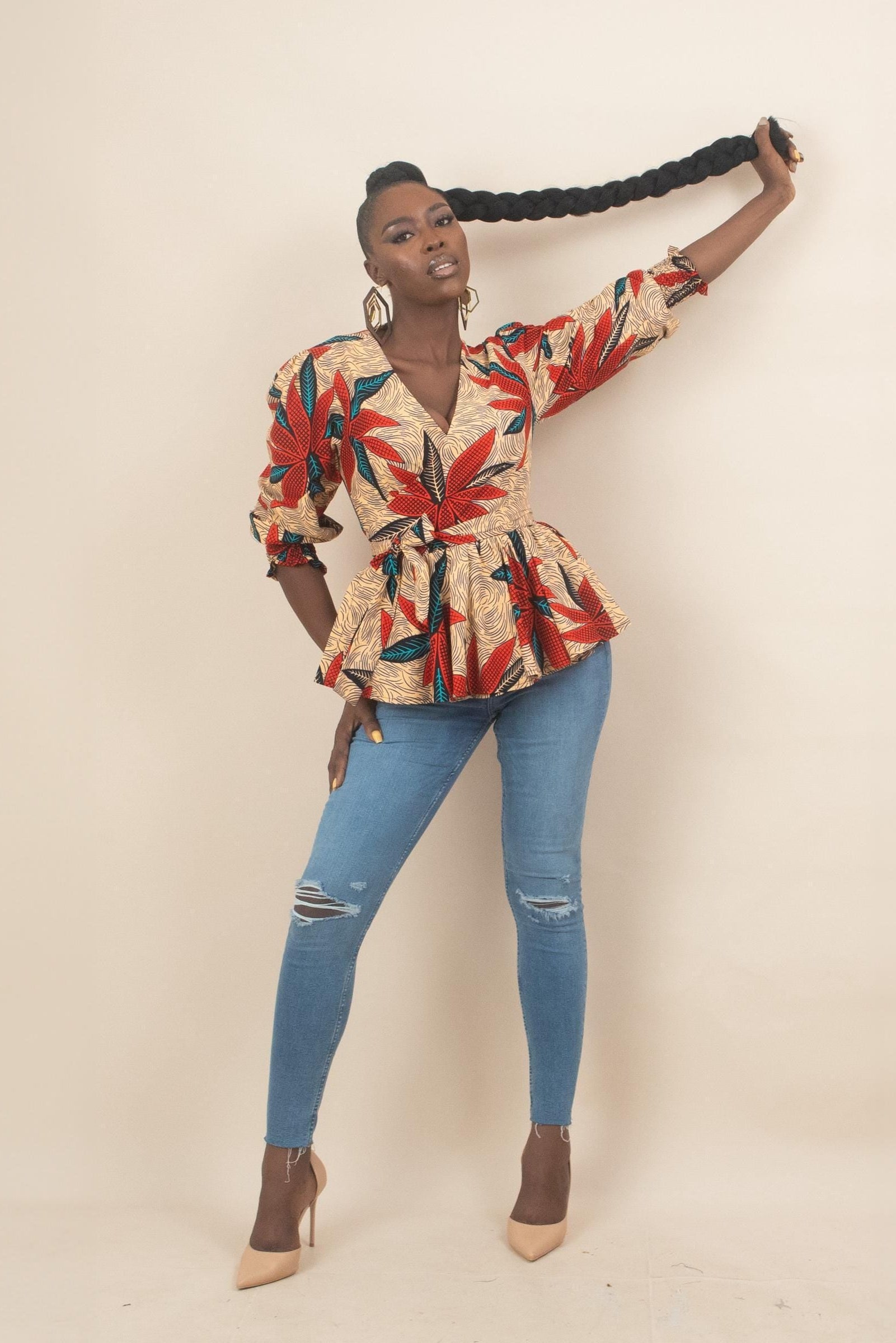 Sample: ENORE Ankara Long Sleeve Wrap Top - Women (Size UK 10) — women's African print clothing by Naborhi