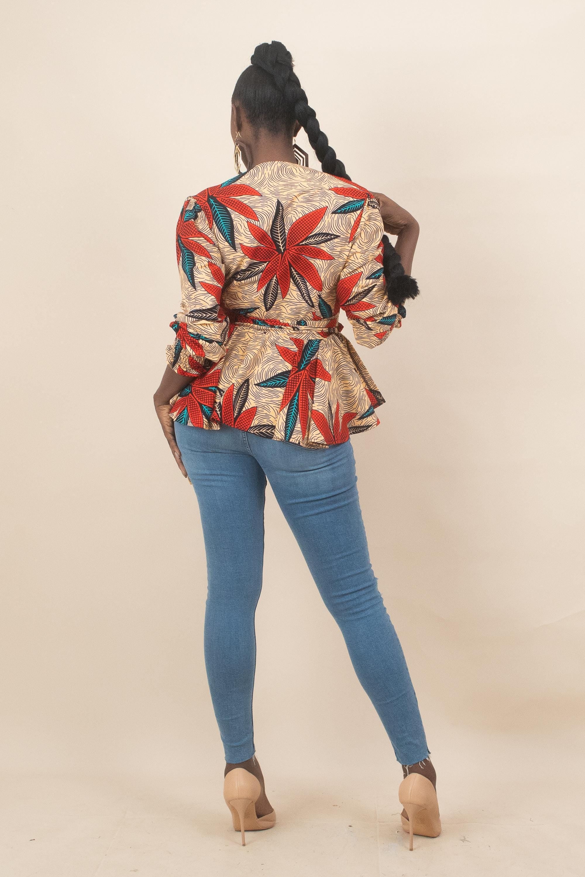 Sample: ENORE Ankara Long Sleeve Wrap Top - Women (Size UK 10) detail — handcrafted in Nigeria by Naborhi