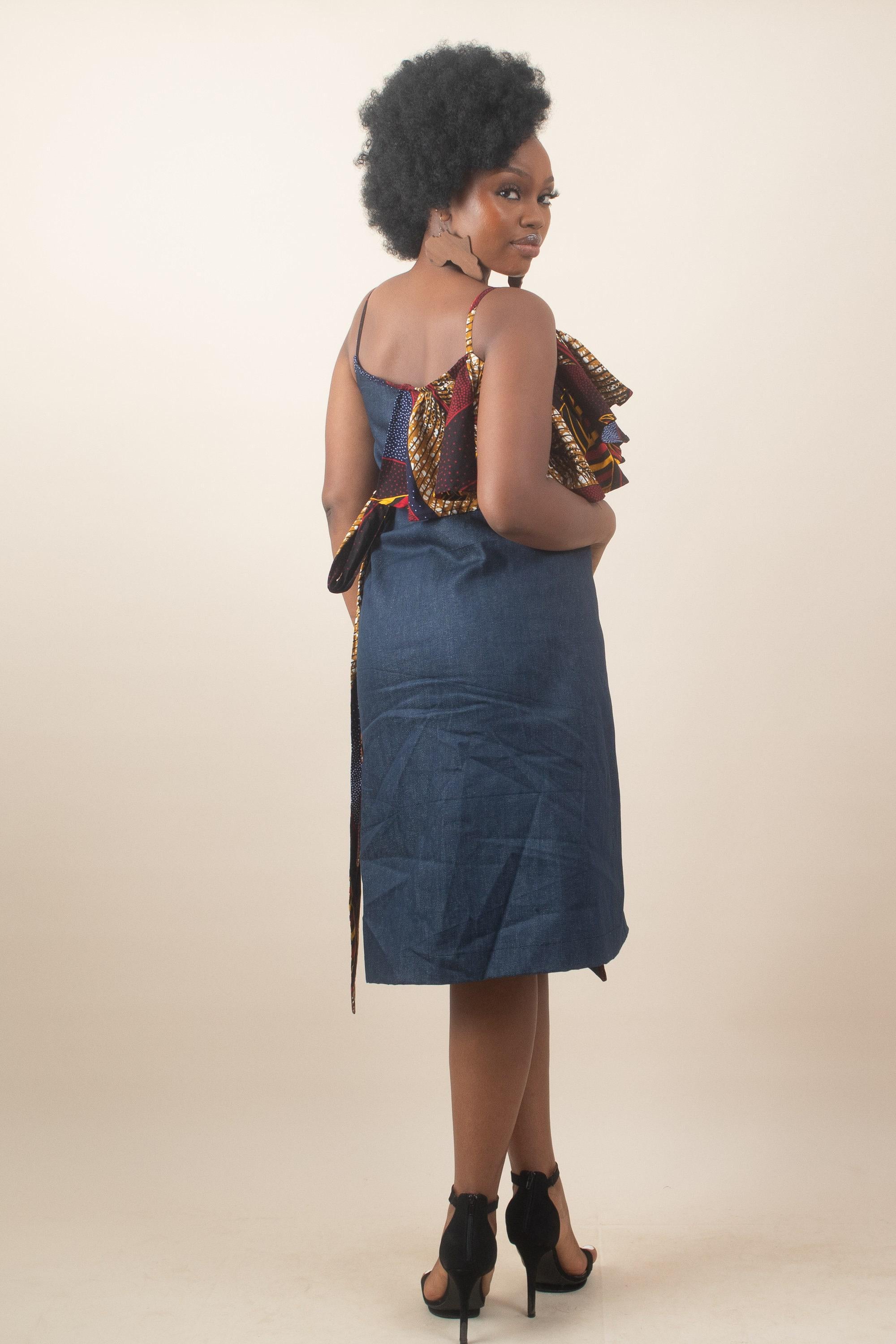 MARIE Ankara & Denim Wrap Dress detail — handcrafted in Nigeria by Naborhi