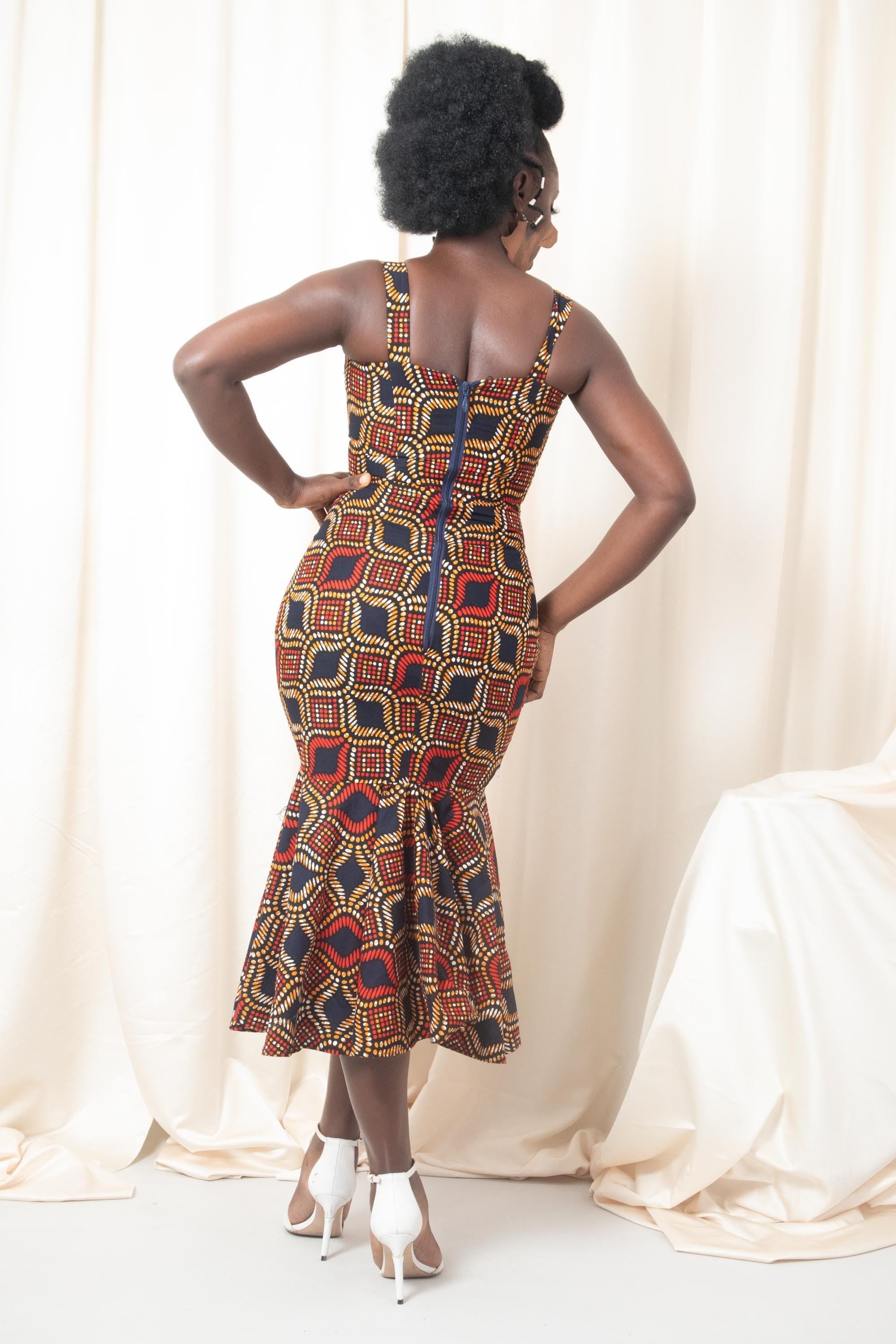Sample: TENE Ankara Pephem Midi Dress - Women (Size UK 10) detail — handcrafted in Nigeria by Naborhi