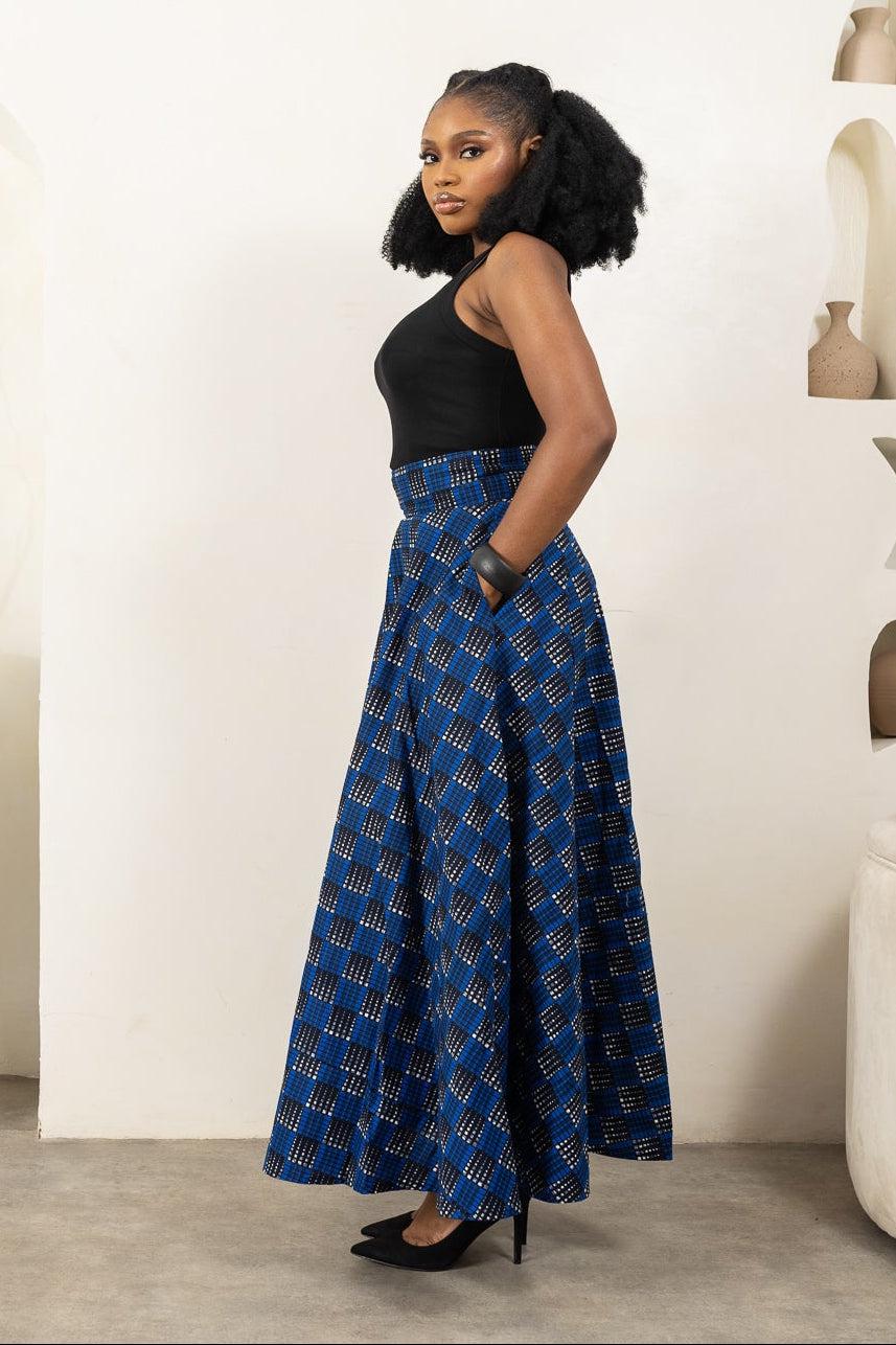 UZO Ankara Flared Maxi Skirt detail — handcrafted in Nigeria by Naborhi
