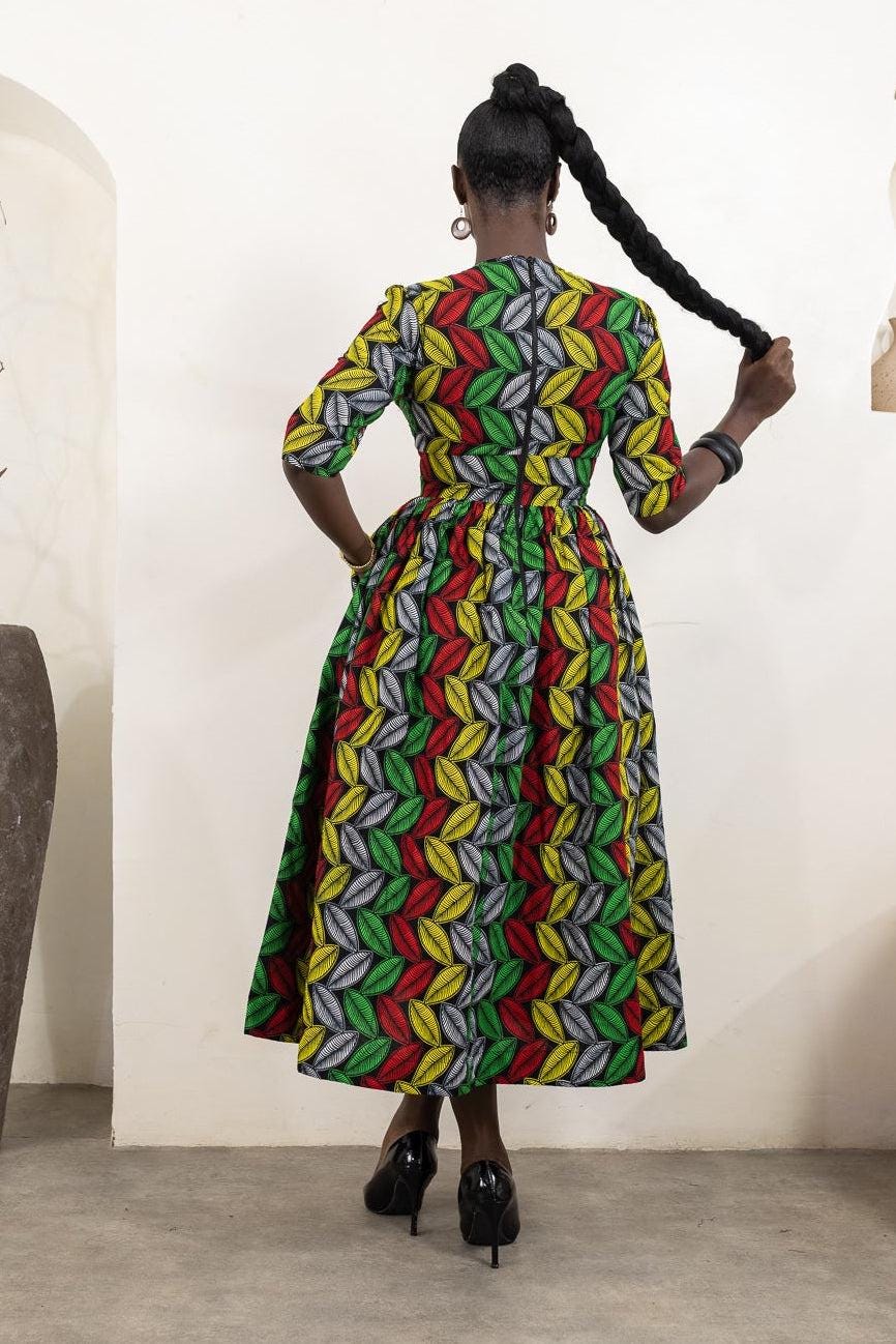 KEFIRAH Ankara Midi Dress detail — handcrafted in Nigeria by Naborhi