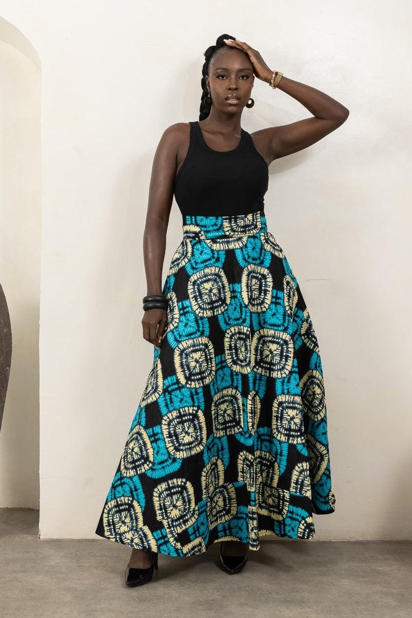 NIFEMI Ankara Flared Maxi Skirt detail — handcrafted in Nigeria by Naborhi