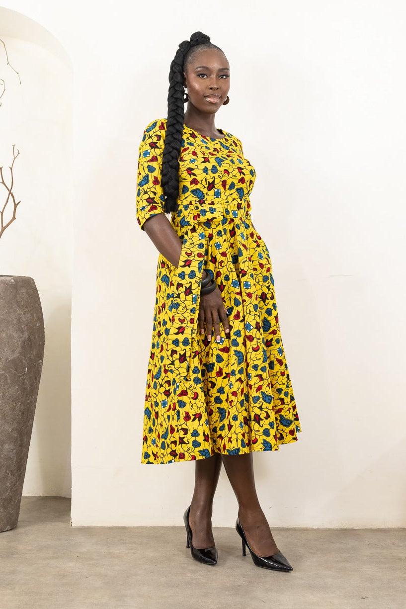 ZANELE Ankara Flared Midi Dress detail — handcrafted in Nigeria by Naborhi