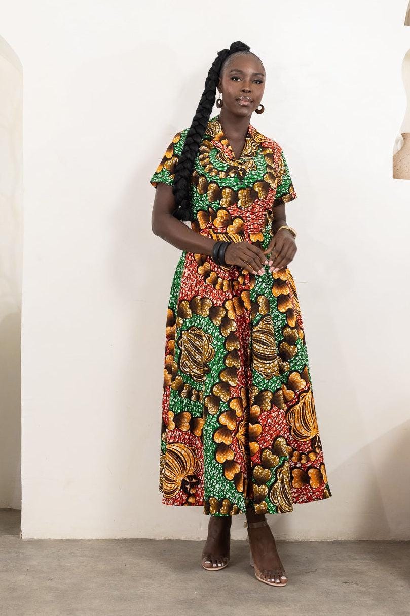 ANELE Ankara Midi Shirt Dress detail — handcrafted in Nigeria by Naborhi