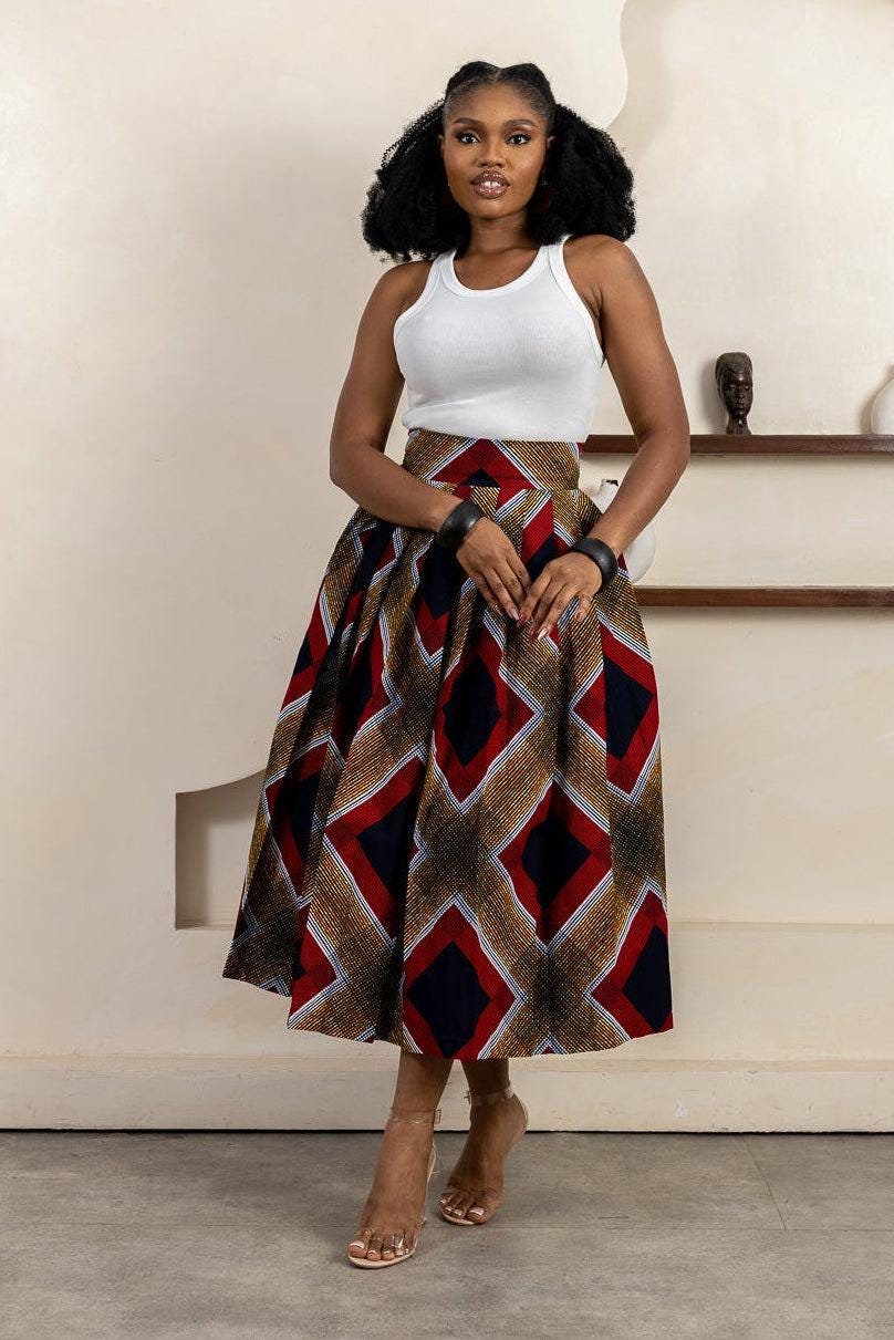 HALUCHI Ankara Midi Skirt detail — handcrafted in Nigeria by Naborhi