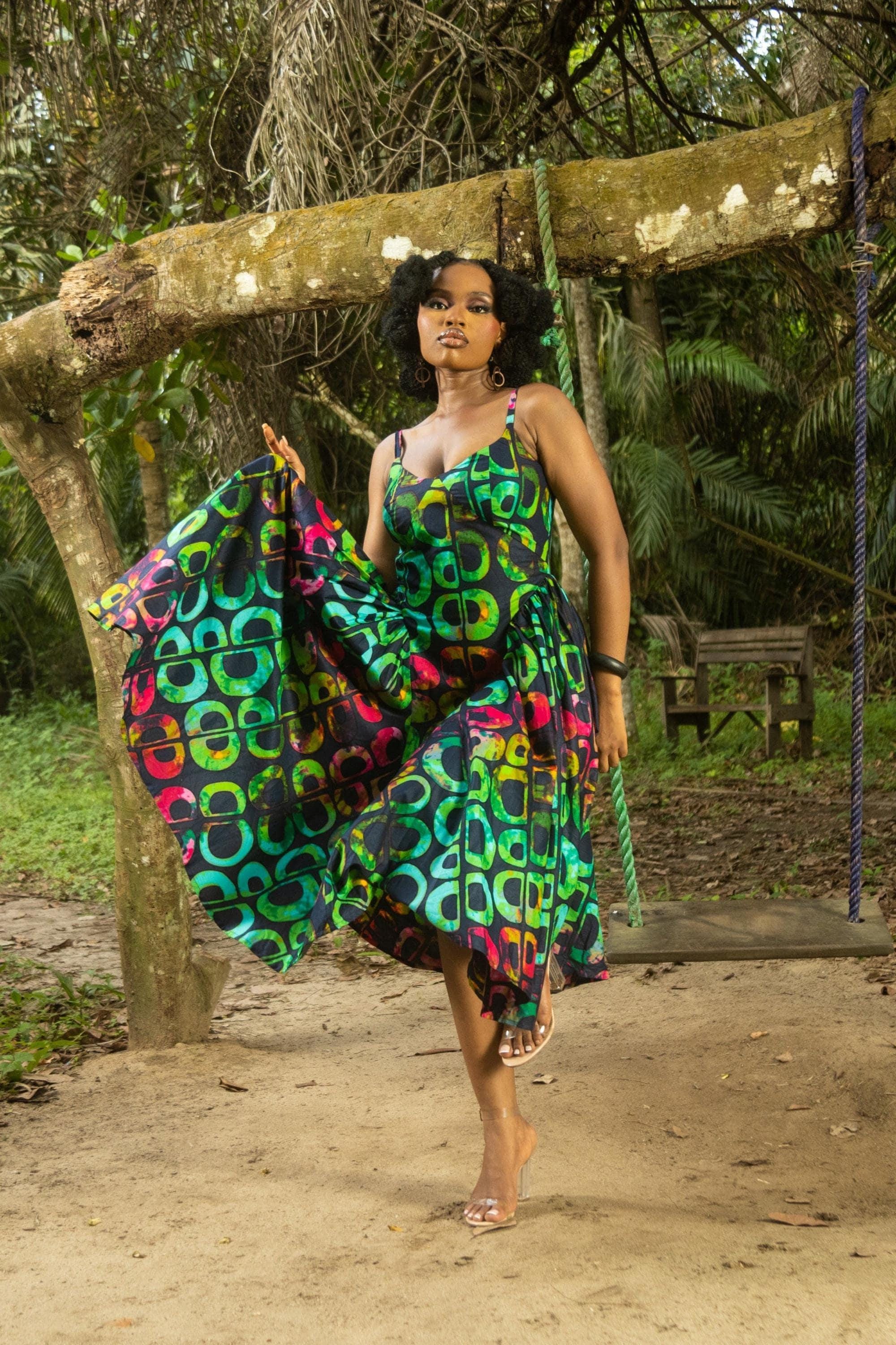 green emerald velvet dress Ankara Kesandu Print Midi Dress