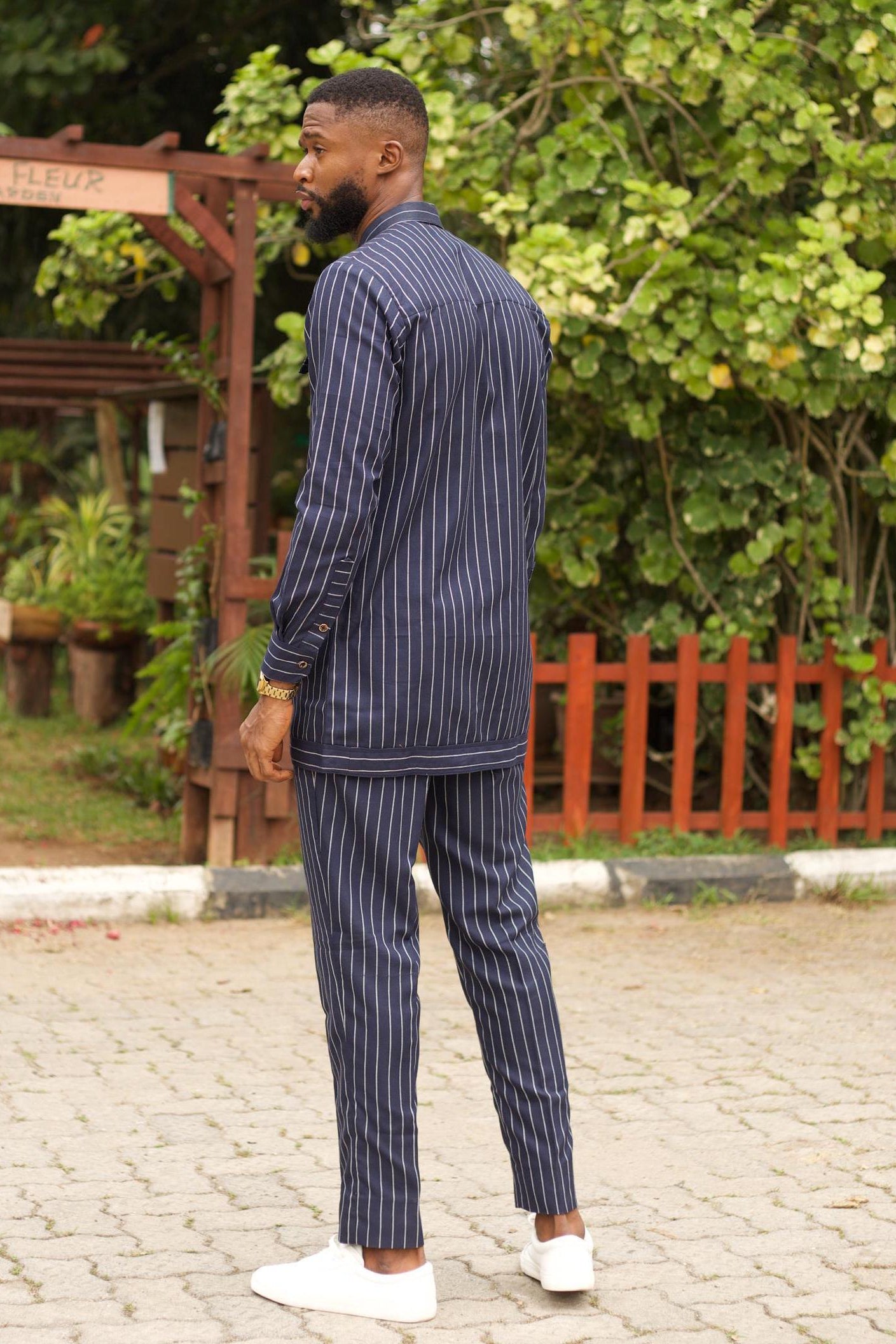 Sample: TOLU Pinstripe African Suit - Men (Size M) detail — handcrafted in Nigeria by Naborhi