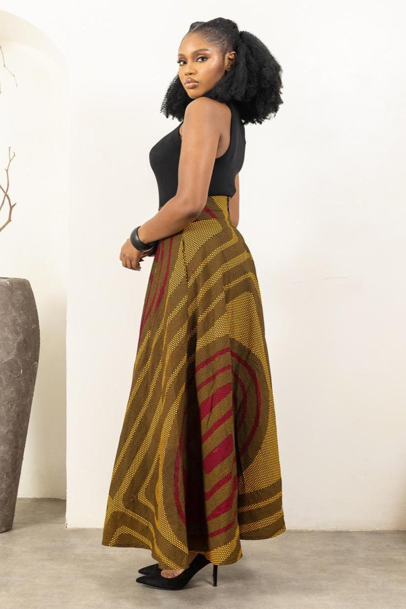 AKANNI Ankara Maxi Flared Skirt detail — handcrafted in Nigeria by Naborhi